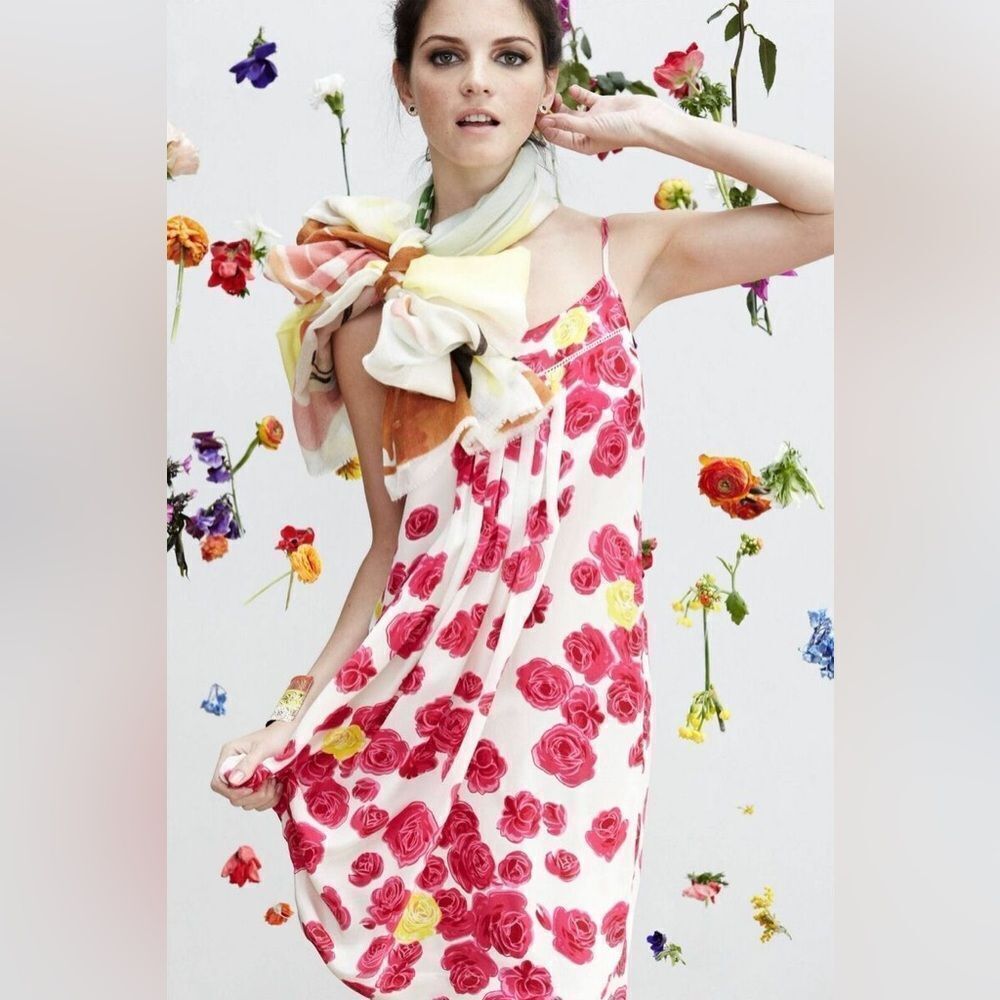 Moulinette Soeurs White Slip Dress with Pink Rose Print and Yellow Accents